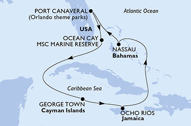 USA, Bahamy, Kajmanské ostrovy, Jamajka z Port Canaveralu na lodi MSC Grandiosa