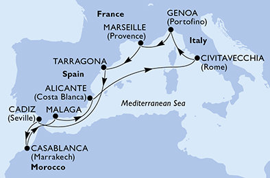 Španělsko, Maroko, Itálie, Francie z Tarragony na lodi MSC Magnifica