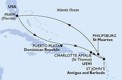 USA, Dominikánská republika, Antigua a Barbuda, Svatý Martin z Miami na lodi MSC Seashore