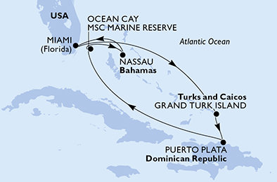 USA, Zámořské území Velké Británie, Dominikánská republika, Bahamy z Miami na lodi MSC Seashore