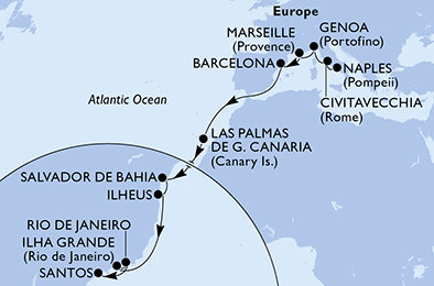Itálie, Francie, Španělsko, Brazílie z Neapole na lodi MSC Divina