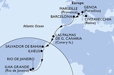 Itálie, Francie, Španělsko, Brazílie z Civitavecchia na lodi MSC Divina