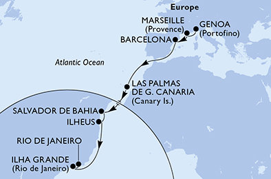 Itálie, Francie, Španělsko, Brazílie z Janova na lodi MSC Divina