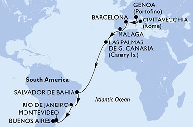 Itálie, Španělsko, Brazílie, Uruguay, Argentina z Janova na lodi MSC Splendida
