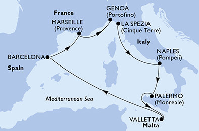 Itálie, Malta, Španělsko, Francie z La Spezie na lodi MSC Seaview