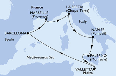 Itálie, Malta, Španělsko, Francie z Neapole na lodi MSC Seaview