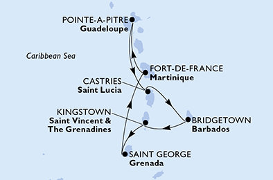 Guadeloupe, Svatá Lucie, Barbados, Svatý Vincenc a Grenadiny, Grenada, Martinik z Pointe-à-Pitre na lodi MSC World Europa