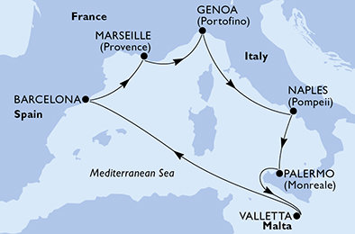 Francie, Itálie, Malta, Španělsko z Marseille na lodi MSC Seashore