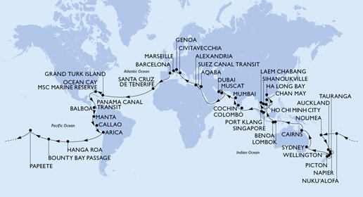 Itálie, Francie, Španělsko, Zámořské území Velké Británie, Bahamy, Panama, , Ekvádor, Peru, Chile, Francouzská Polynésie, Tonga, Nová Kaledonie, Nový Zéland, Austrálie, Indonésie, Vietnam, Thajsko, Kambodža, Singapur, Malajsie, Srí Lanka, Indie, Spojené arabské emiráty, Omán, Jordánsko, Egypt z Civitavecchia na lodi MSC Magnifica