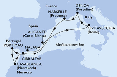 Španělsko, Portugalsko, Maroko, Velká Británie, Itálie, Francie z Málagy na lodi MSC Sinfonia