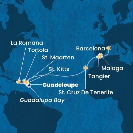 Guadeloupe, Svatý Kryštof a Nevis, Britské Panenské ostrovy, Dominikánská republika, Svatý Martin, Španělsko, Maroko z Pointe-à-Pitre na lodi Costa Fascinosa