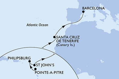 Guadeloupe, Svatý Martin, Antigua a Barbuda, Španělsko z Pointe-à-Pitre na lodi MSC World Asia