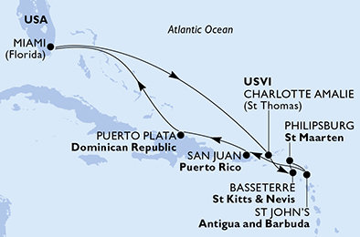 USA, Svatý Kryštof a Nevis, Svatý Martin, Antigua a Barbuda, Dominikánská republika z Miami na lodi MSC Poesia