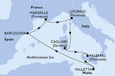 Itálie, Malta, Španělsko, Francie z Livorna na lodi MSC Splendida