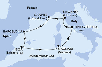 Itálie, Francie, Španělsko z Livorna na lodi MSC Fantasia
