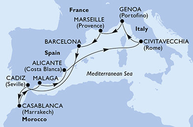 Itálie, Francie, Španělsko, Maroko z Civitavecchia na lodi MSC Magnifica