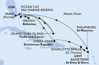 USA, Svatý Martin, Svatý Kryštof a Nevis, Dominikánská republika, Zámořské území Velké Británie, Bahamy z Miami na lodi MSC Meraviglia