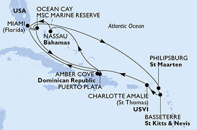 USA, Bahamy, Svatý Martin, Svatý Kryštof a Nevis, Dominikánská republika z Miami na lodi MSC Seashore