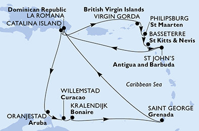 Dominikánská republika, Zámořské území Velké Británie, Svatý Martin, Svatý Kryštof a Nevis, Antigua a Barbuda, Aruba, Curacao, Bonaire, Grenada z La Romany na lodi MSC Opera