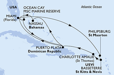 USA, Bahamy, Dominikánská republika, Svatý Martin, Svatý Kryštof a Nevis z Miami na lodi MSC Seashore