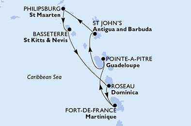 Guadeloupe, Antigua a Barbuda, Svatý Martin, Svatý Kryštof a Nevis, Dominika, Martinik z Pointe-à-Pitre na lodi MSC World Europa