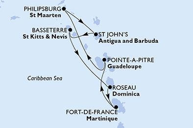 Guadeloupe, Svatý Martin, Antigua a Barbuda, Svatý Kryštof a Nevis, Dominika, Martinik z Pointe-à-Pitre na lodi MSC World Europa