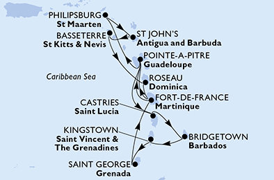 Barbados, Svatý Vincenc a Grenadiny, Grenada, Martinik, Guadeloupe, Svatý Martin, Antigua a Barbuda, Svatý Kryštof a Nevis, Dominika, Svatá Lucie z Bridgetownu na lodi MSC World Europa