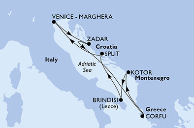 Itálie, Chorvatsko, Řecko, Černá Hora z Brindisi na lodi MSC Armonia