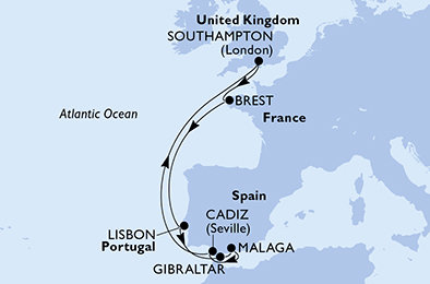 Velká Británie, Francie, Portugalsko, Španělsko ze Southamptonu na lodi MSC Meraviglia