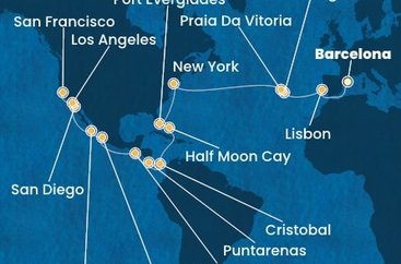 Španělsko, Portugalsko, USA, Bahamy, Panama, Kostarika, Guatemala, Mexiko z Barcelony na lodi Costa Deliziosa
