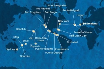 Španělsko, Portugalsko, USA, Bahamy, Panama, Kostarika, Guatemala, Mexiko, Francouzská Polynésie, Fidži, Nová Kaledonie, Austrálie z Barcelony na lodi Costa Deliziosa