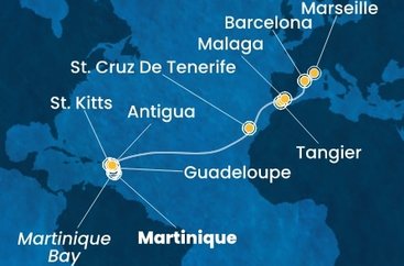 Martinik, Guadeloupe, Svatý Kryštof a Nevis, Antigua a Barbuda, Španělsko, Maroko, Francie z Fort-de-France na lodi Costa Favolosa