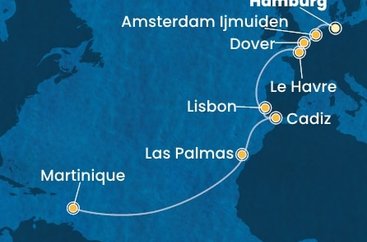 Německo, Nizozemsko, Velká Británie, Francie, Portugalsko, Španělsko, Martinik z Hamburku na lodi Costa Favolosa
