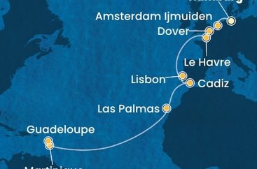 Německo, Nizozemsko, Velká Británie, Francie, Portugalsko, Španělsko, Martinik, Guadeloupe z Hamburku na lodi Costa Favolosa