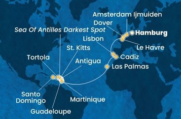 Německo, Nizozemsko, Velká Británie, Francie, Portugalsko, Španělsko, Martinik, Guadeloupe, Svatý Kryštof a Nevis, Antigua a Barbuda, Britské Panenské ostrovy, Dominikánská republika z Hamburku na lodi Costa Favolosa