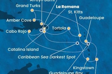 Dominikánská republika, Zámořské území Velké Británie, Svatý Vincenc a Grenadiny, Barbados, Guadeloupe, Svatý Kryštof a Nevis, Britské Panenské ostrovy z La Romany na lodi Costa Fascinosa
