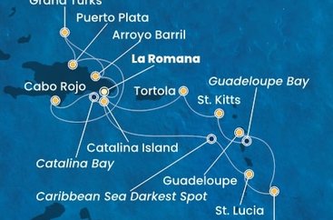 Dominikánská republika, Zámořské území Velké Británie, Svatá Lucie, Barbados, Guadeloupe, Svatý Kryštof a Nevis, Britské Panenské ostrovy z La Romany na lodi Costa Fascinosa