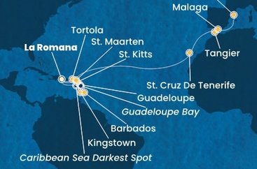 Dominikánská republika, Svatý Vincenc a Grenadiny, Barbados, Guadeloupe, Svatý Kryštof a Nevis, Britské Panenské ostrovy, Svatý Martin, Španělsko, Maroko z La Romany na lodi Costa Fascinosa