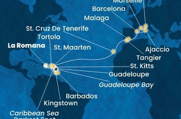 Dominikánská republika, Svatý Vincenc a Grenadiny, Barbados, Guadeloupe, Svatý Kryštof a Nevis, Britské Panenské ostrovy, Svatý Martin, Španělsko, Maroko, Francie, Itálie z La Romany na lodi Costa Fascinosa