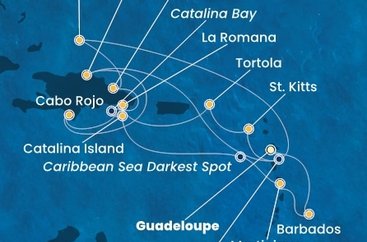 Guadeloupe, Svatý Kryštof a Nevis, Britské Panenské ostrovy, Dominikánská republika, Zámořské území Velké Británie, Martinik, Barbados z Pointe-à-Pitre na lodi Costa Fascinosa