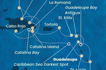 Guadeloupe, Antigua a Barbuda, Svatý Kryštof a Nevis, Britské Panenské ostrovy, Dominikánská republika, Zámořské území Velké Británie, Svatá Lucie, Barbados z Pointe-à-Pitre na lodi Costa Fascinosa