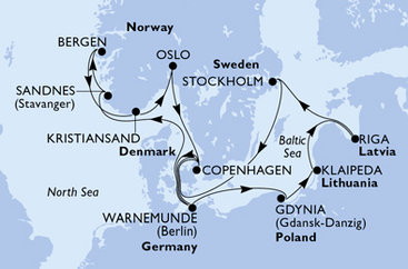 Německo, Norsko, Dánsko, Polsko, Litva, Lotyšsko, Švédsko z Warnemünde na lodi MSC Magnifica