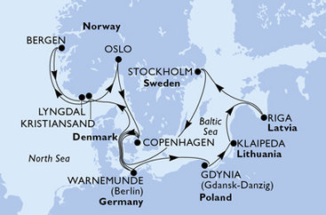 Německo, Norsko, Dánsko, Polsko, Litva, Lotyšsko, Švédsko z Warnemünde na lodi MSC Magnifica