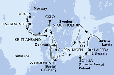 Německo, Norsko, Dánsko, Polsko, Litva, Lotyšsko, Švédsko z Warnemünde na lodi MSC Magnifica