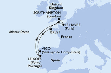 Velká Británie, Francie, Španělsko, Portugalsko ze Southamptonu na lodi MSC Meraviglia