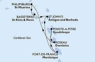 Martinik, Guadeloupe, Dominika, Svatý Martin, Svatý Kryštof a Nevis, Antigua a Barbuda z Fort-de-France na lodi MSC World Asia