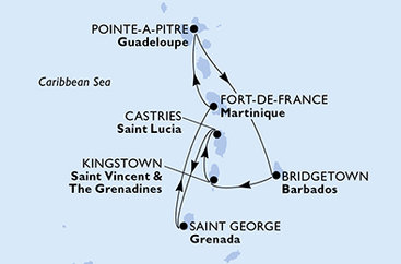 Martinik, Guadeloupe, Barbados, Svatý Vincenc a Grenadiny, Svatá Lucie, Grenada z Fort-de-France na lodi MSC World Asia