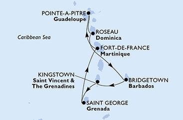Martinik, Guadeloupe, Dominika, Barbados, Svatý Vincenc a Grenadiny, Grenada z Fort-de-France na lodi MSC World Asia