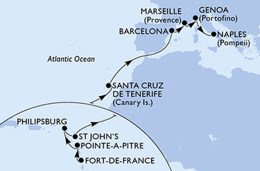 Martinik, Guadeloupe, Svatý Martin, Antigua a Barbuda, Španělsko, Francie, Itálie z Fort-de-France na lodi MSC World Asia