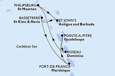 Guadeloupe, Dominika, Svatý Martin, Antigua a Barbuda, Svatý Kryštof a Nevis, Martinik z Pointe-à-Pitre na lodi MSC World Asia